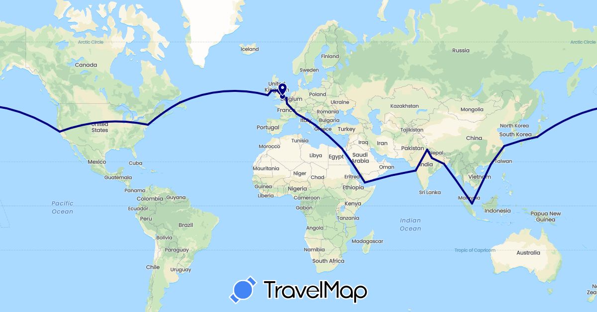 TravelMap itinerary: driving in Canada, China, Egypt, France, United Kingdom, Ireland, India, Italy, Japan, Singapore, United States, Yemen (Africa, Asia, Europe, North America)